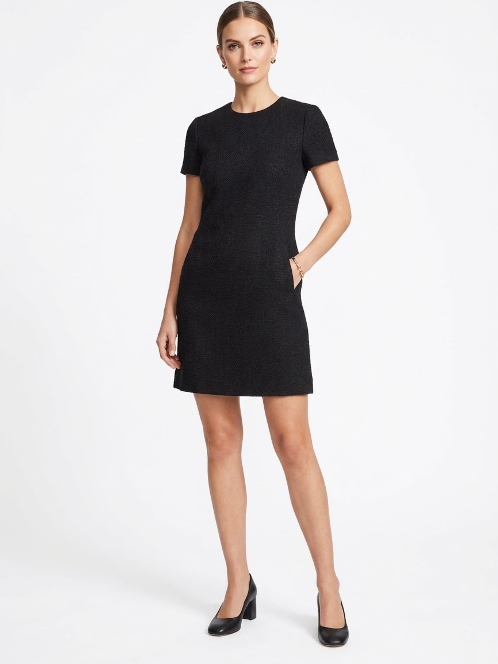 Tory Burch Black Short-Sleeve Textured Shift Dress Tweed Sz 6